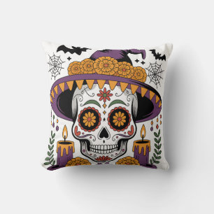 Skull with Witch Hat Halloween Vector Cushion