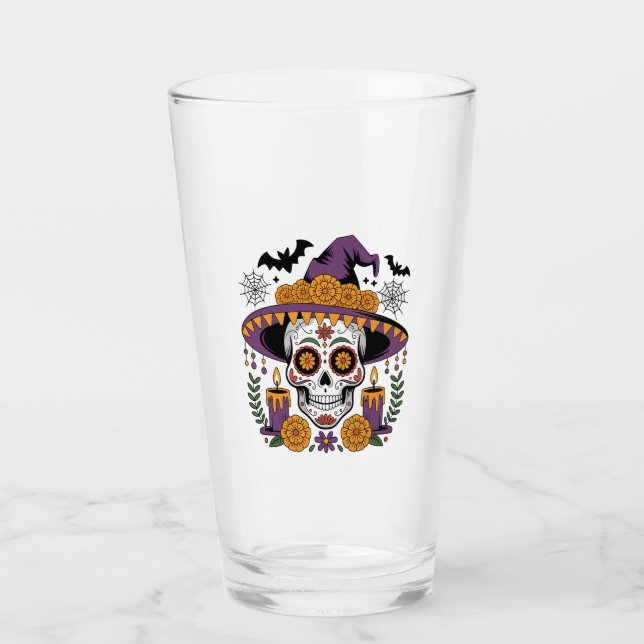 Skull with Witch Hat Halloween Vector Glass (Front)