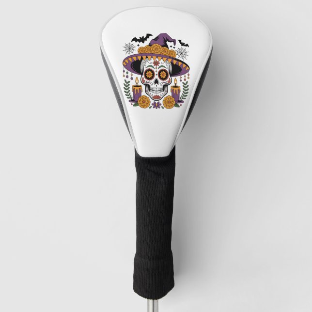 Skull with Witch Hat Halloween Vector Golf Head Cover (Front)