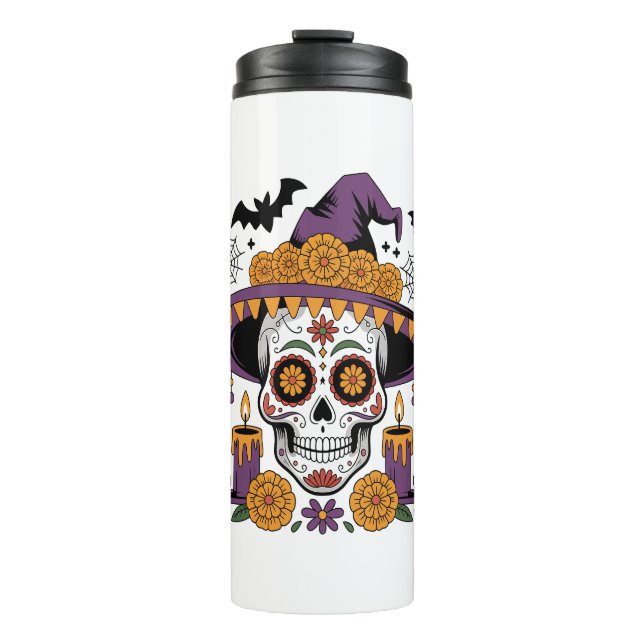 Skull with Witch Hat Halloween Vector Thermal Tumbler (Front)