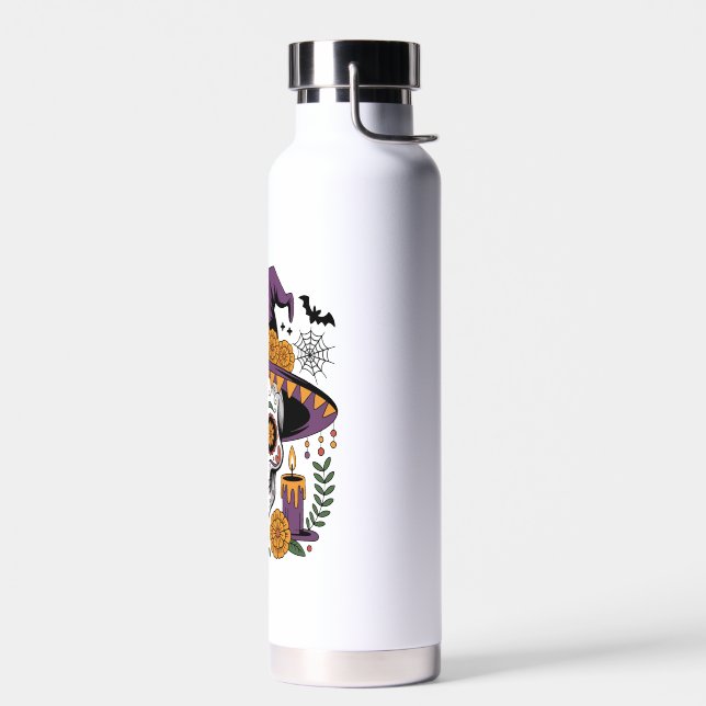 Skull with Witch Hat Halloween Vector Water Bottle (Left)