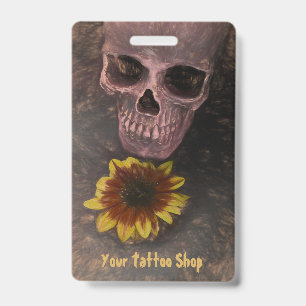 Skull Yellow Sunflower Gothic Vintage Sepia Sketch ID Badge