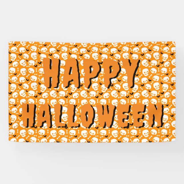 Skullls Bones Bats Pattern Black White Orange Text Banner (Horizontal)