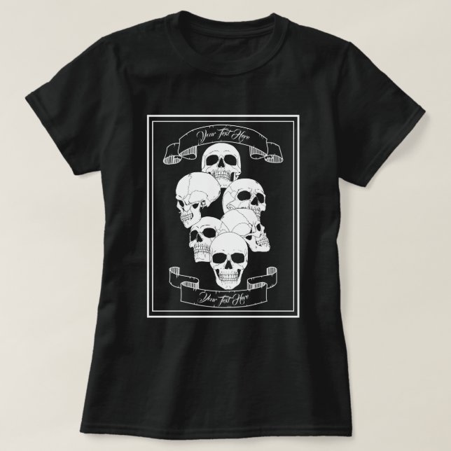 Skulls and Banners with Customisable Text Black T-Shirt (Design Front)