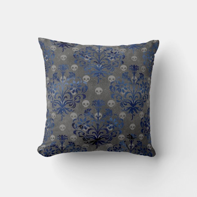 Skulls and Blue Damask on Grey Cushion (Front)