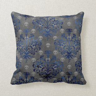 Skulls and Blue Damask on Grey Cushion