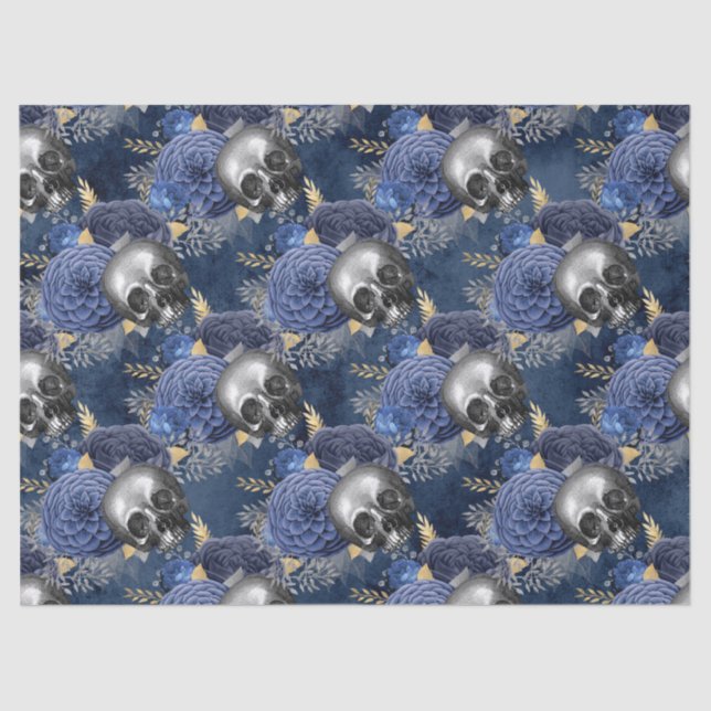 Skulls and Blue Roses on Blue Decoupage Tissue Paper (Front)