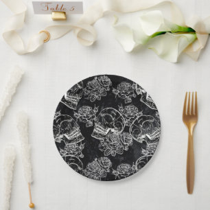 Skulls and Chalk Roses   Funky Gothic Glam Grunge Paper Plate