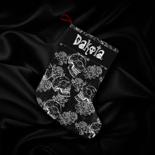 Skulls and Chalk Roses Gothic Glam Funky Custom Small Christmas Stocking