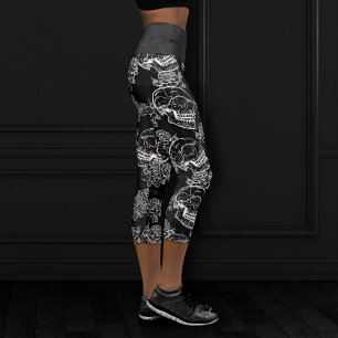 Skulls and Chalk Roses Gothic Glam Funky Grunge Capri Leggings