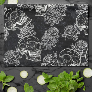 Skulls and Chalk Roses Gothic Glam Funky Grunge Tea Towel