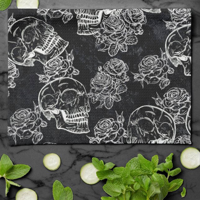 Skulls and Chalk Roses | Gothic Glam Funky Grunge Tea Towel (Creator Uploaded)