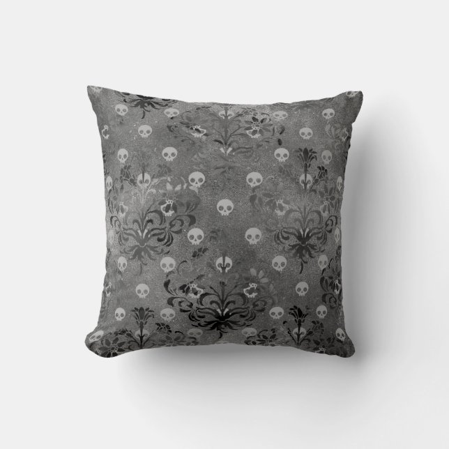 Skulls and Charcoal Damask on Grey Cushion (Front)
