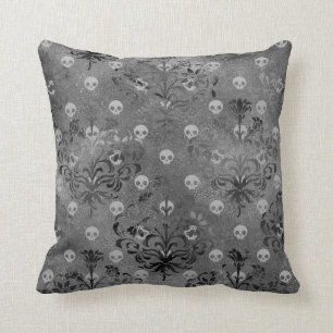 Skulls and Charcoal Damask on Grey Cushion