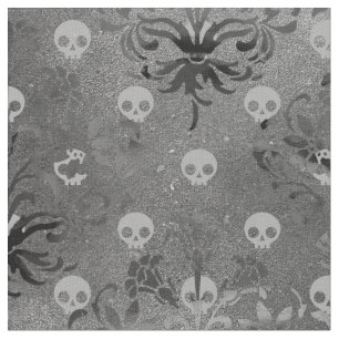 Skulls and Charcoal Damask on Grey Fabric