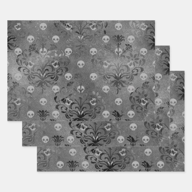 Skulls and Charcoal Damask on Grey Wrapping Paper Sheet (Set)