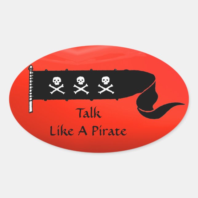 SKULLS AND CROSSED BONES  RED BLACK PIRATE FLAG OVAL STICKER (Front)