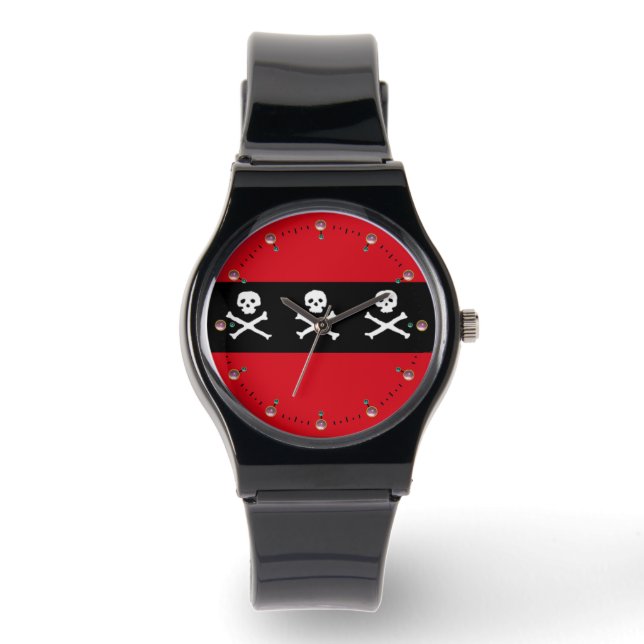 SKULLS AND CROSSED BONES  RED BLACK PIRATE FLAG WATCH (Front)