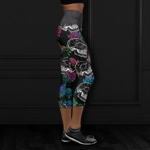 Skulls and Dark Roses Funky Glam Ombre Grunge Capri Leggings
