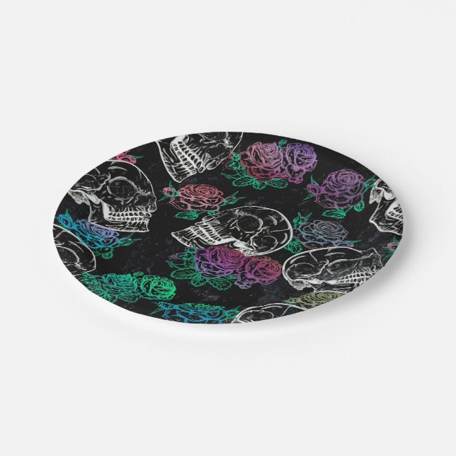 Skulls and Dark Roses | Funky Glam Ombre Grunge Paper Plate (Angled)
