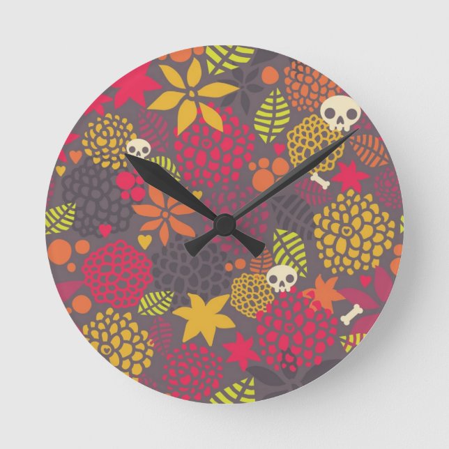 Skulls and flowers. round clock (Front)