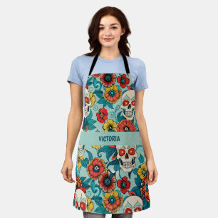 Skulls and Flowers Watercolor Custom Pattern Apron