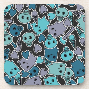 Skulls, and hearts on black background 2 coaster