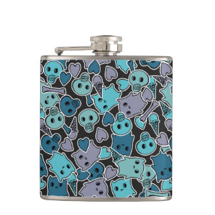 Skulls, and hearts on black background 2 hip flask