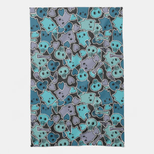 Skulls, and hearts on black background 2 tea towel