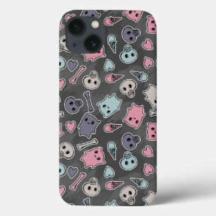 Skulls, and hearts on black background iPhone 13 case