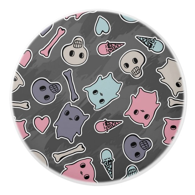 Skulls, and hearts on black background ceramic knob (Front)