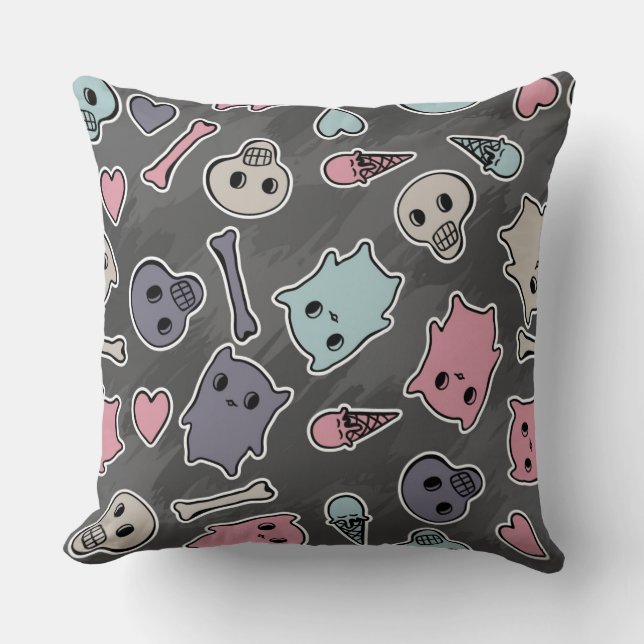 Skulls, and hearts on black background cushion (Front)