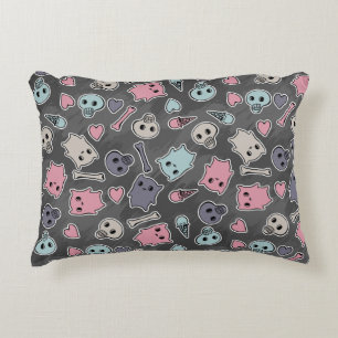 Skulls, and hearts on black background decorative cushion