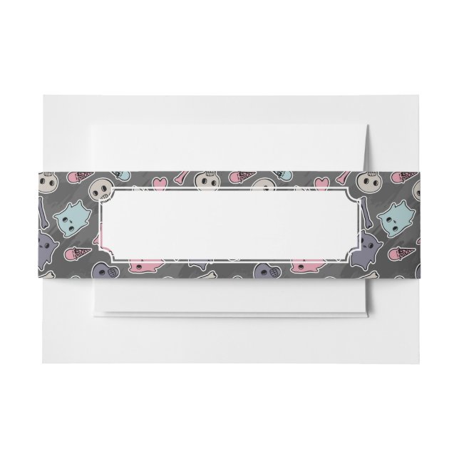 Skulls, and hearts on black background invitation belly band (Front Example)