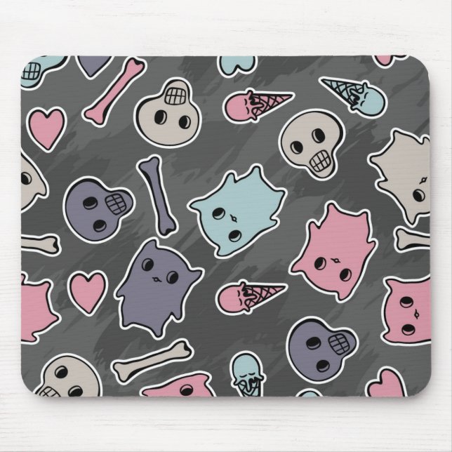 Skulls, and hearts on black background mouse pad (Front)