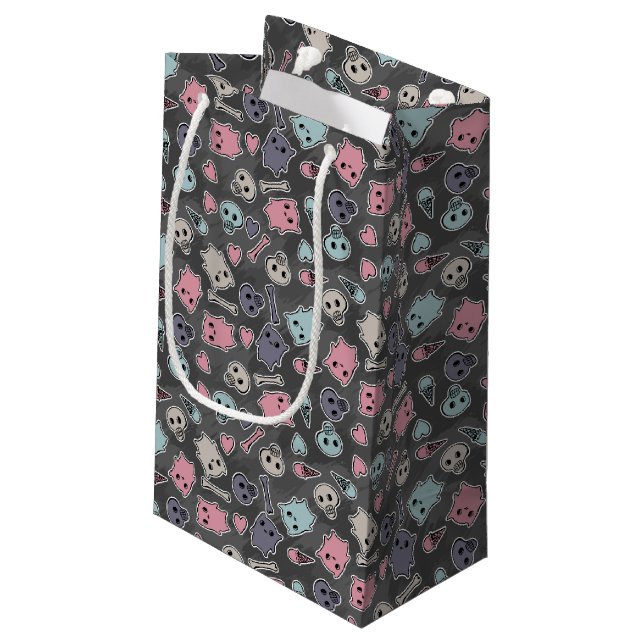 Skulls, and hearts on black background small gift bag (Back Angled)