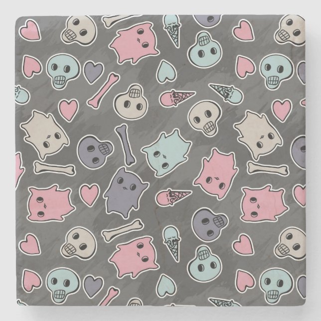 Skulls, and hearts on black background stone coaster (Front)