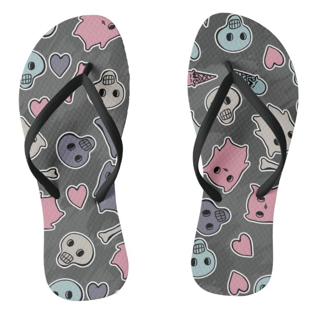 Skulls, and hearts on black background thongs (Footbed)