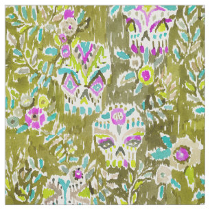 Skulls and Leaves Watercolor Print Fabric