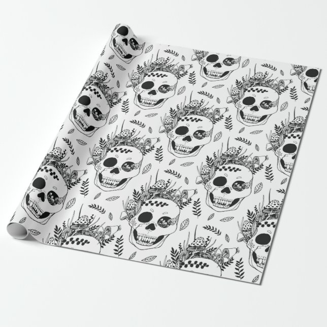 Skulls and Mushrooms Halloween cute spooky pattern Wrapping Paper (Unrolled)