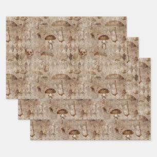 Skulls and Mushrooms on Brown Wrapping Paper Sheet