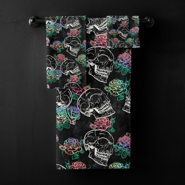 Skulls and Ombre Roses | Gothic Glam Pastel Grunge Bath Towel Set (Creator Uploaded)