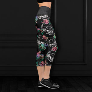 Skulls and Ombre Roses   Gothic Glam Pastel Grunge Capri Leggings