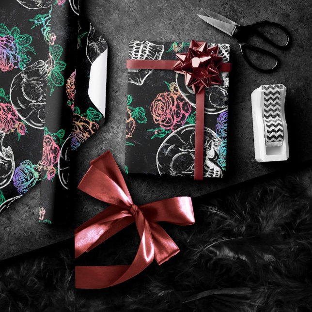 Skulls and Ombre Roses | Gothic Glam Pastel Grunge Wrapping Paper (Creator Uploaded)