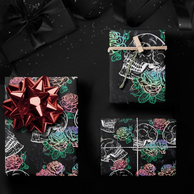 Skulls and Ombre Roses | Gothic Glam Pastel Grunge Wrapping Paper Sheet (Creator Uploaded)