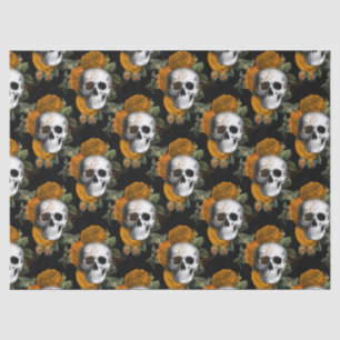 Skulls and Orange Flowers on Black Decoupage Tissue Paper
