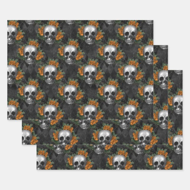 Skulls and Orange Flowers on Charcol Wrapping Paper Sheet (Set)