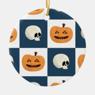 Skulls and Pumpkins Checks Ceramic Ornament