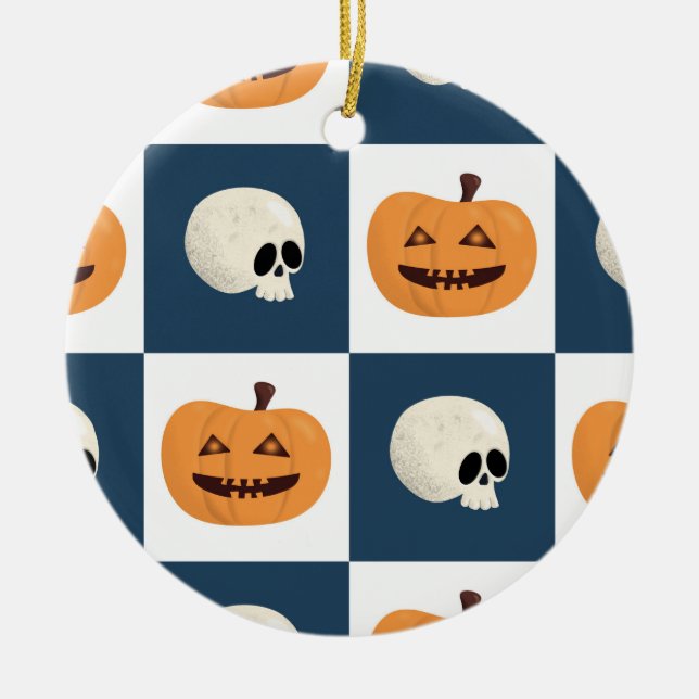 Skulls and Pumpkins Checks Ceramic Ornament (Front)