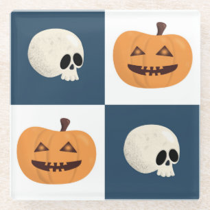 Skulls and Pumpkins Checks Glass Coaster